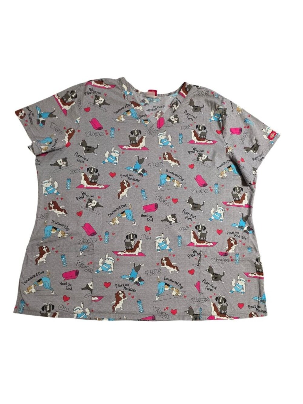 Dickies Yoga Dogs Novelty Scrub Top Women Plus Size 4XL KL Gray V-Neck 2 Pocket